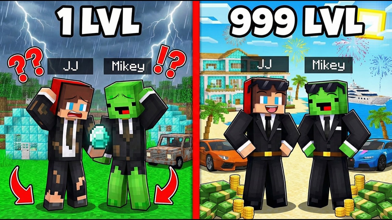JJ And Mikey MILLIONAIRE From 1 LVL To 999 LVL in Minecraft - Maizen Challenge