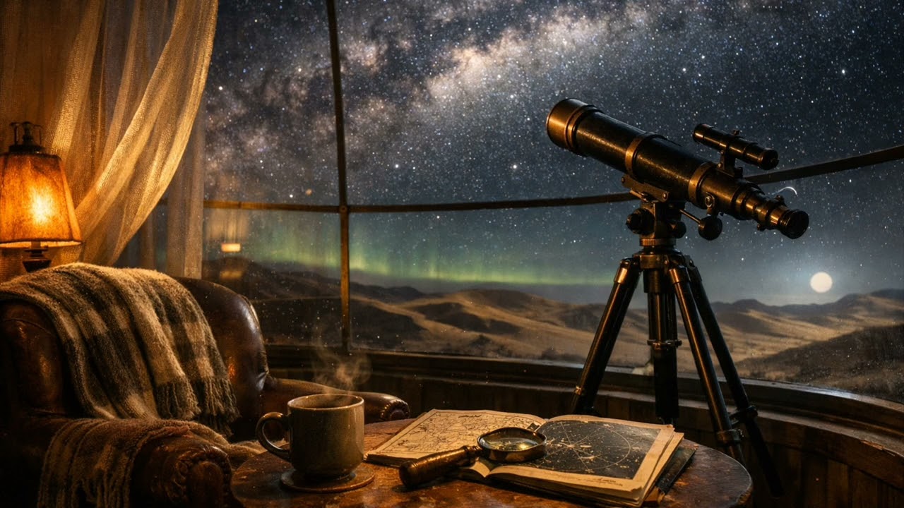 Celestial Retreat &mdash; Cozy Observatory Dome Ambience: Stargazing, Desert Wind & Coffee sounds
