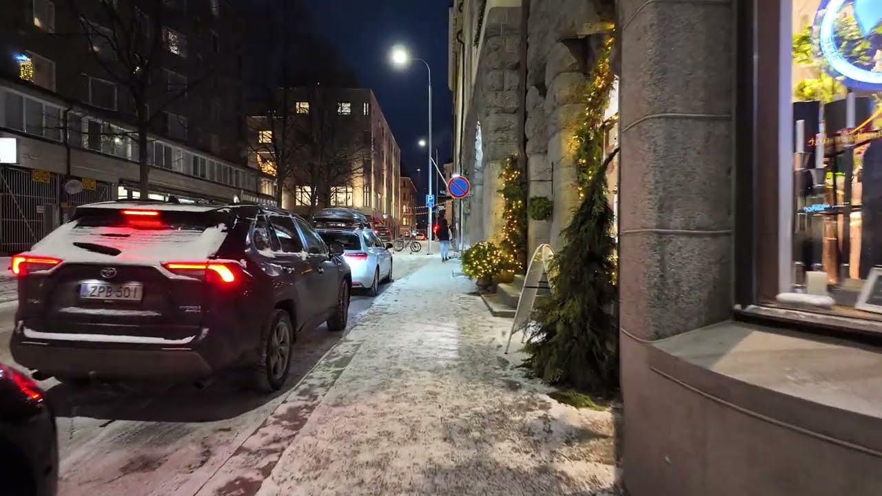 Winter Night Snow Walk in Tampere City Centre ❄️ 4K Walking Tour