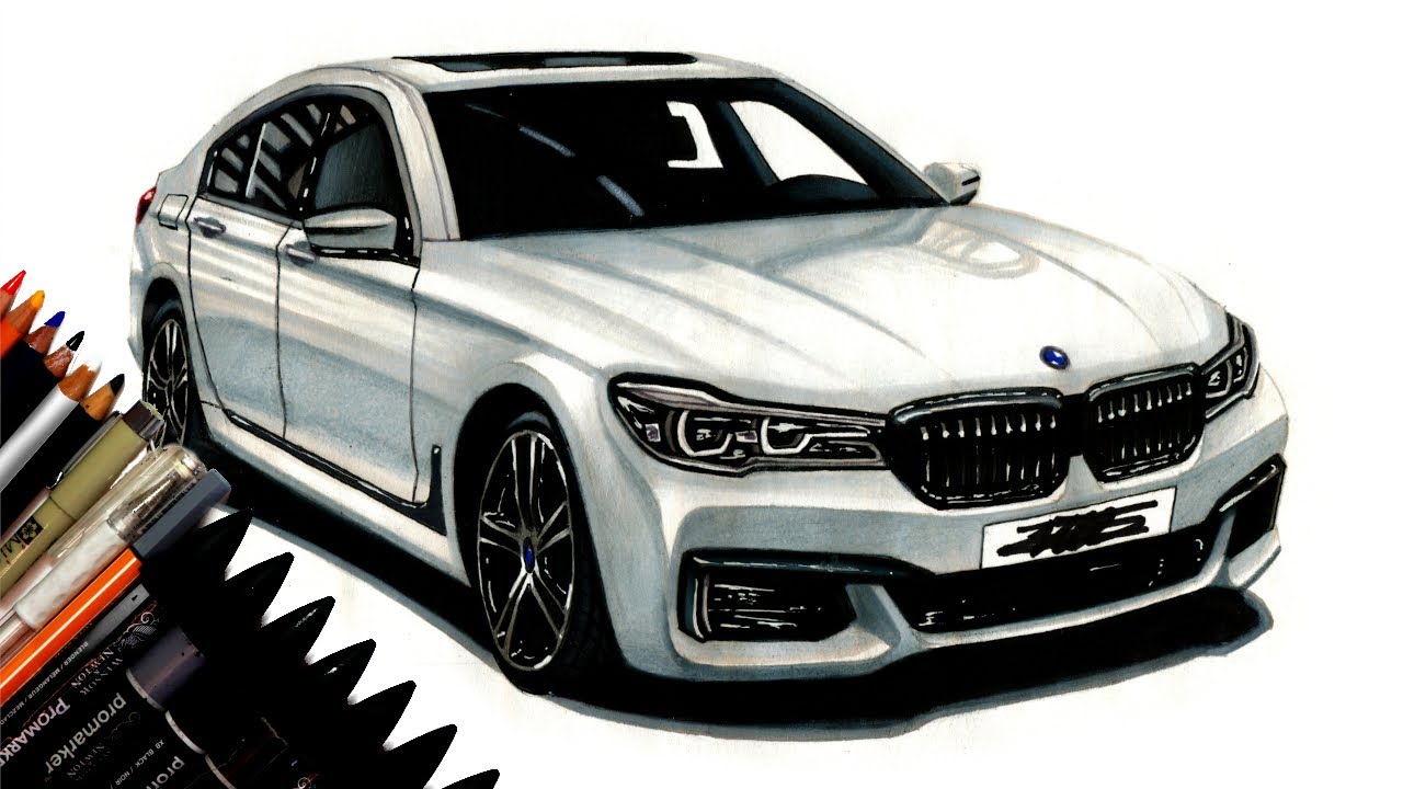 Realistic Car Drawing - BMW 7 Series G11 - Time Lapse - Drawing Ideas