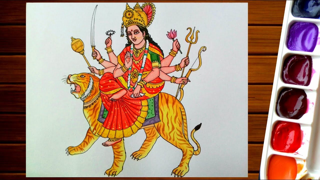 MAA SHERAWALI DRAWING||HOW TO DRAW DEVI DURGA MATA BY WATER COLOR