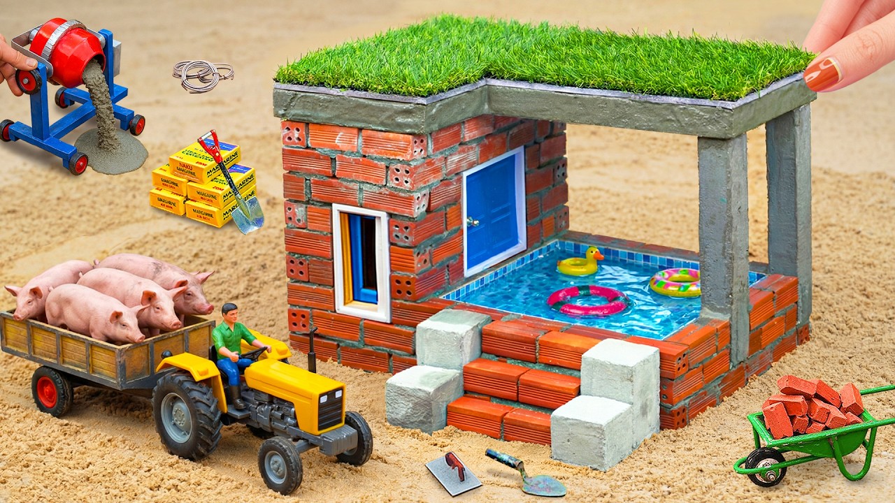DIY Mini Tractor Building a Brick & Concrete House with Pool | Mini Construction Science Project