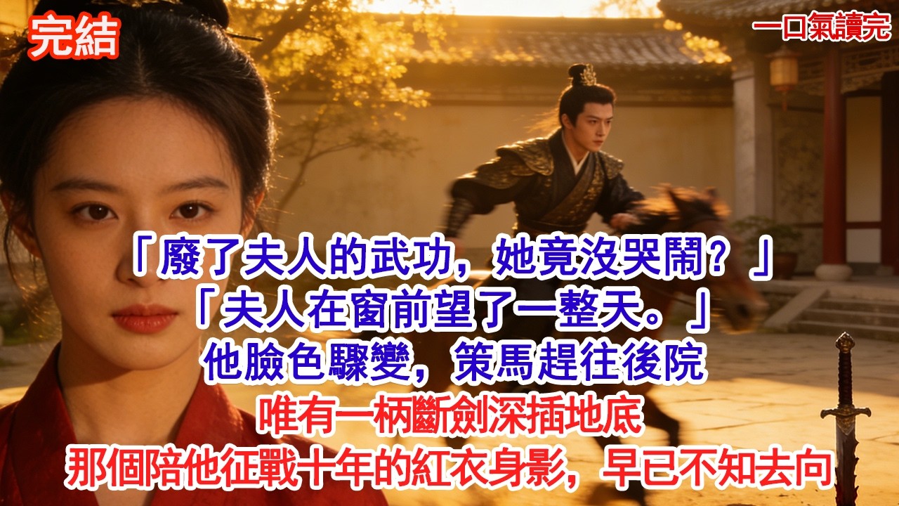 「本王廢了夫人的武功，她竟沒來哭鬧？」「夫人在窗前望了一整天。」他臉色驟變，策馬趕往後院，唯有一柄斷劍深插地底，那個陪他征戰十年的紅衣身影，早已不知去向。#古風#追妻火葬場#愛情#小說
