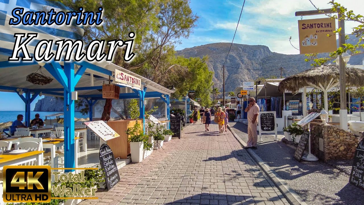 Kamari Promenade, Santorini 🇬🇷 | Black sand beach, Sea Views, Relaxing Walk  & Stunning Scenery
