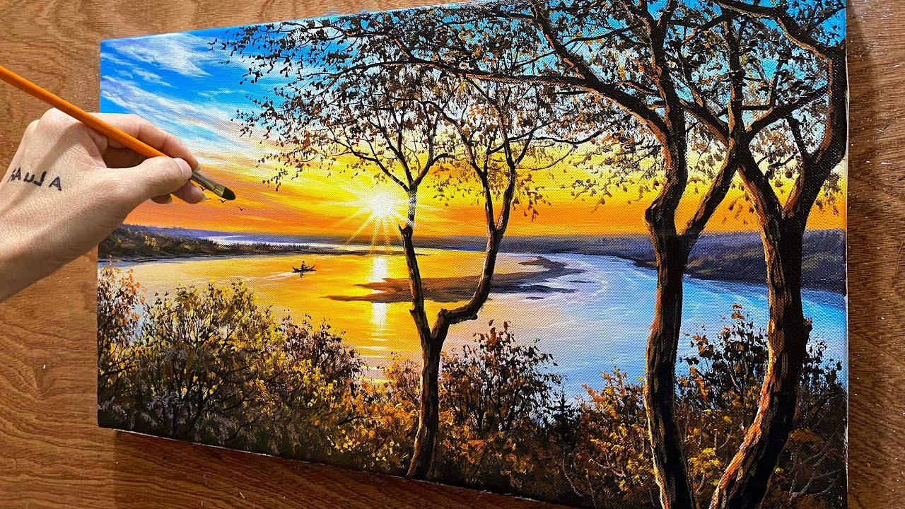 How to draw landscape painting /#73/ Drawing river landscape / Acrylic landscape painting / A Lu Art