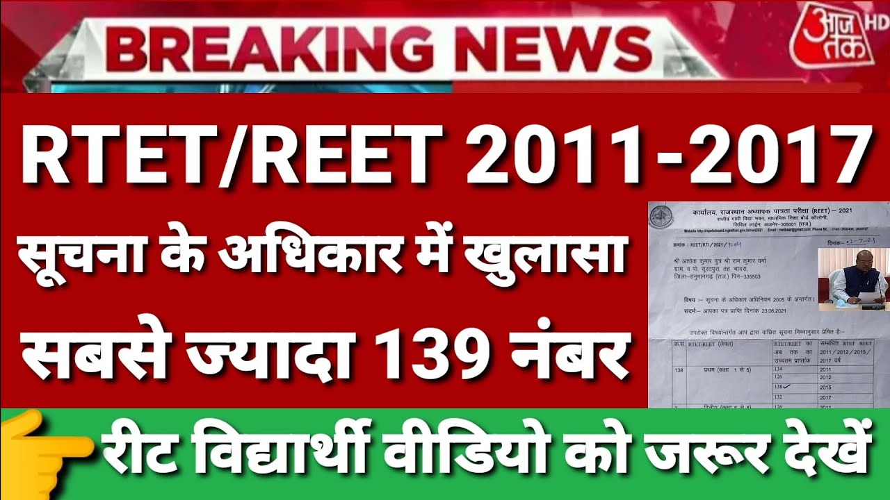REET/RTET 2011-2017👉 सूचना के अधिकार में बड़ा खुलासा 👉 अब तक का सर्वोत्तम स्कोर 139 नंबर