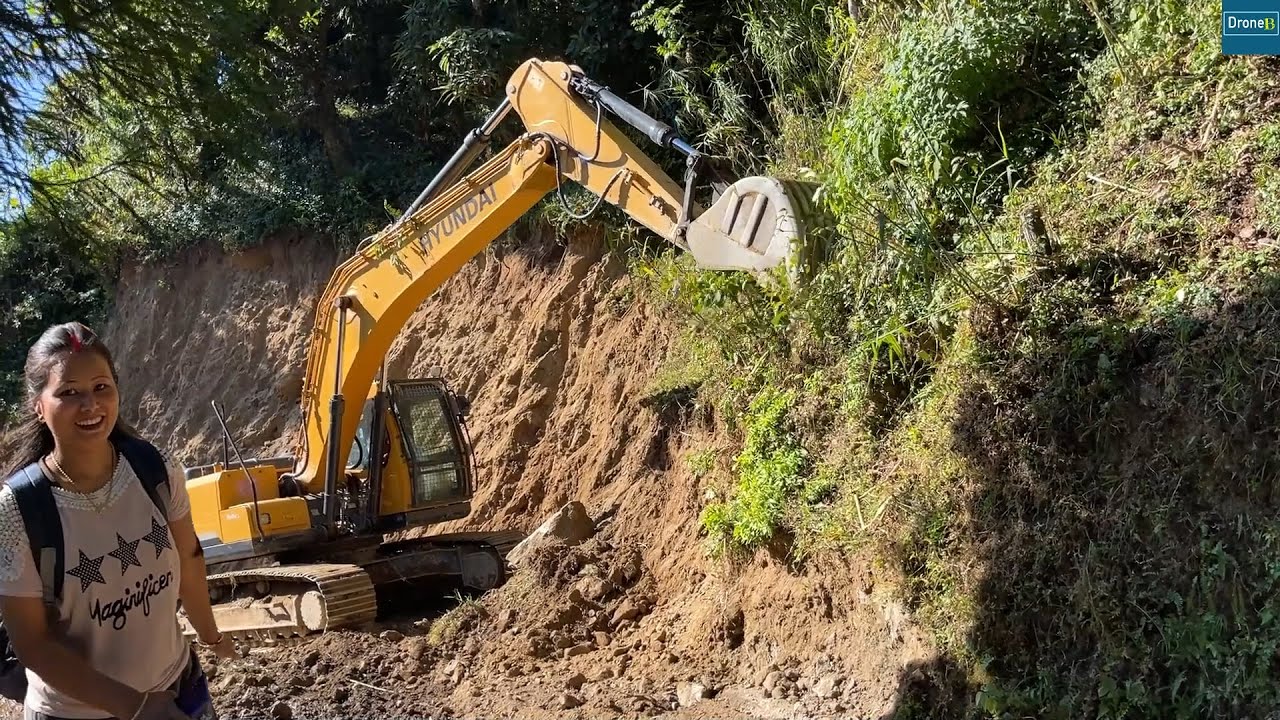 Remote Hillside Road Supporting Wall Work with Hyundai Excavator