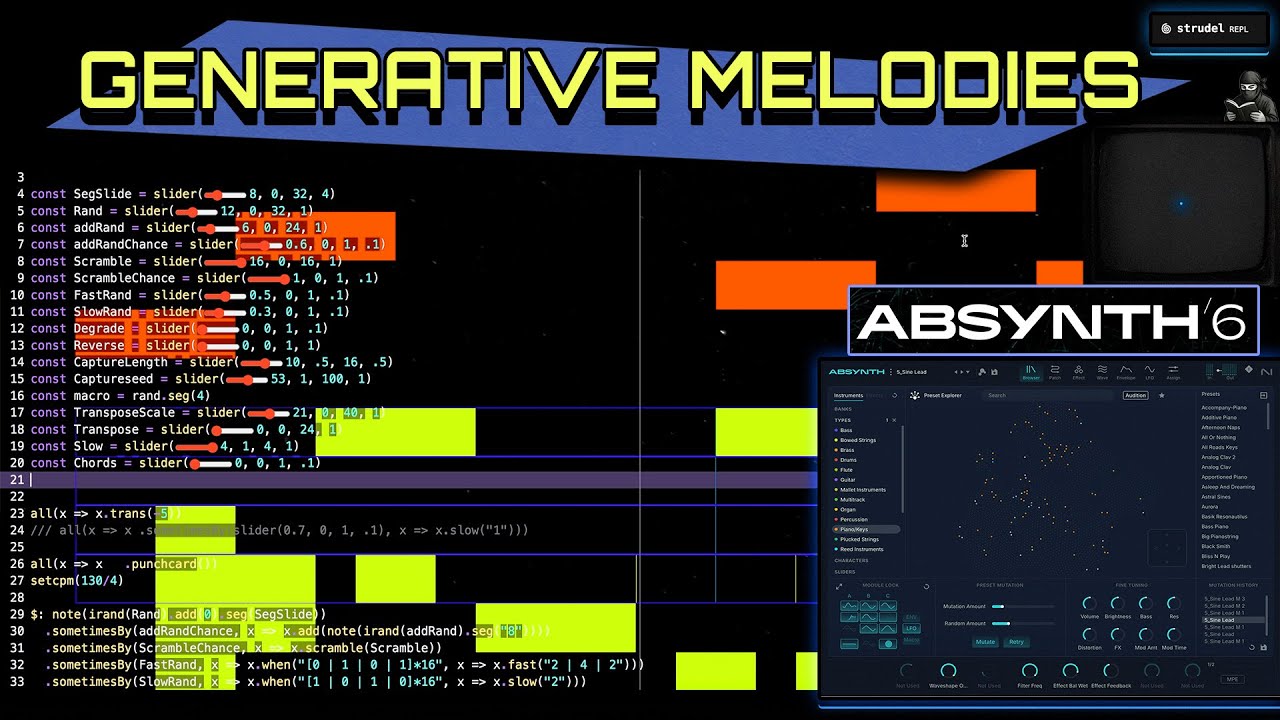 Создание мелодий в реальном времени с помощью Absynth 6 и Strudel.