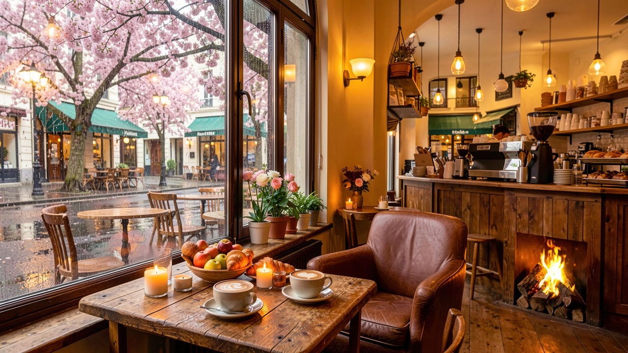Gentle March Jazz by the Rainy Window ☔ Cozy Café Fireplace & Spring Blossom View for Study, Coffee