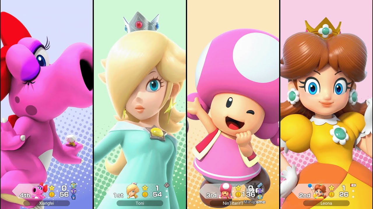 Super Mario Party Jamboree - Toadette vs Rosalina vs Daisy vs Birdo - Roll 'em Raceway