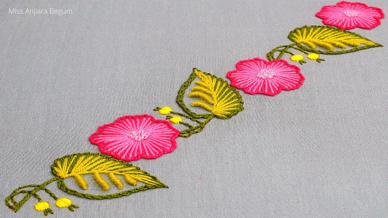 Hand Embroidery Leaf and Flower Design New, Borderline Embroidery Design Simple Way-581