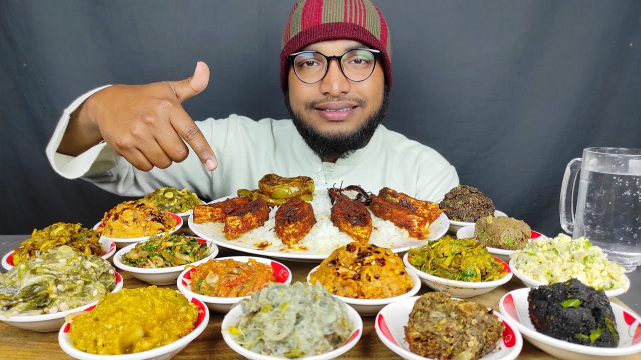 EATING PANTA BHAT WITH 15 DIFFERNT TYPES OF BHORTA AND HILSA FISH FRY , MUKBANG EATING SHOW