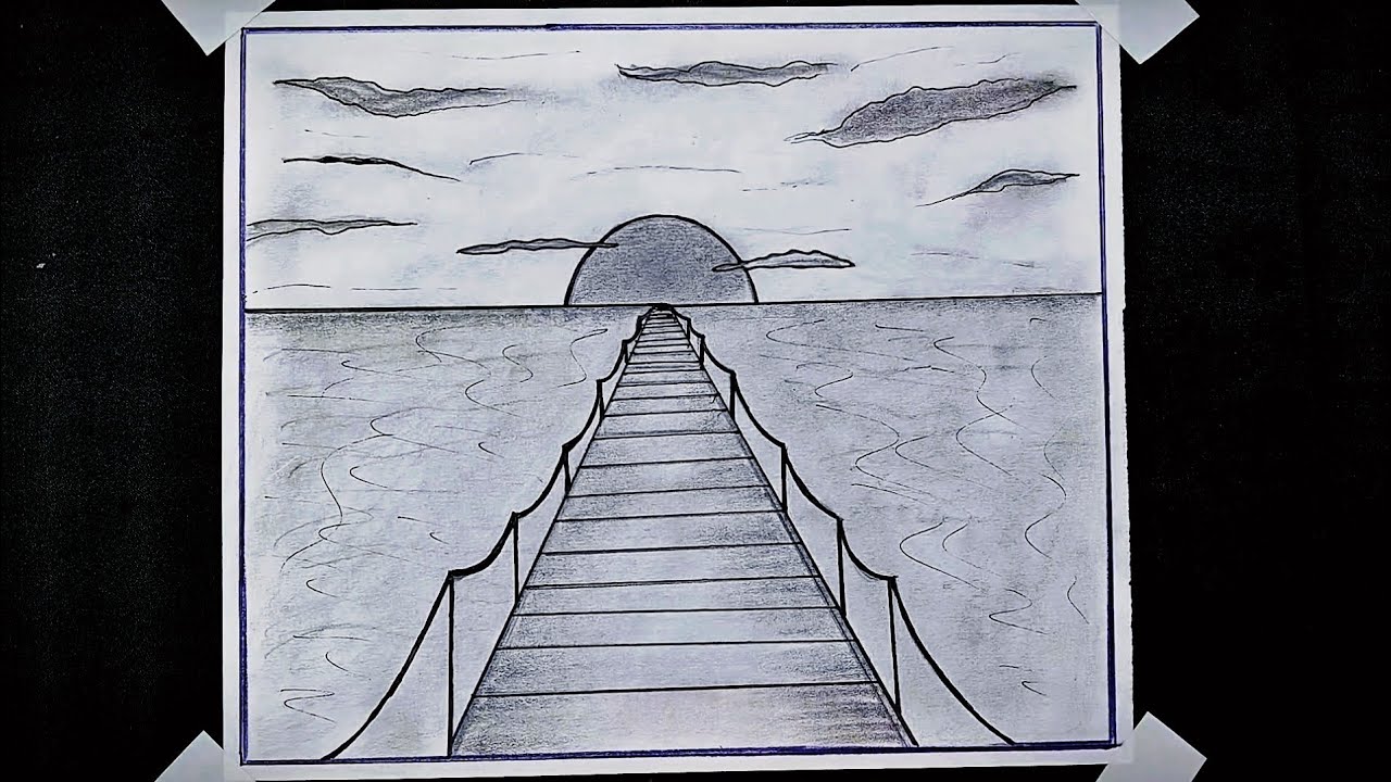 Beautiful scenery sunset drawing || sunset scenery drawing 