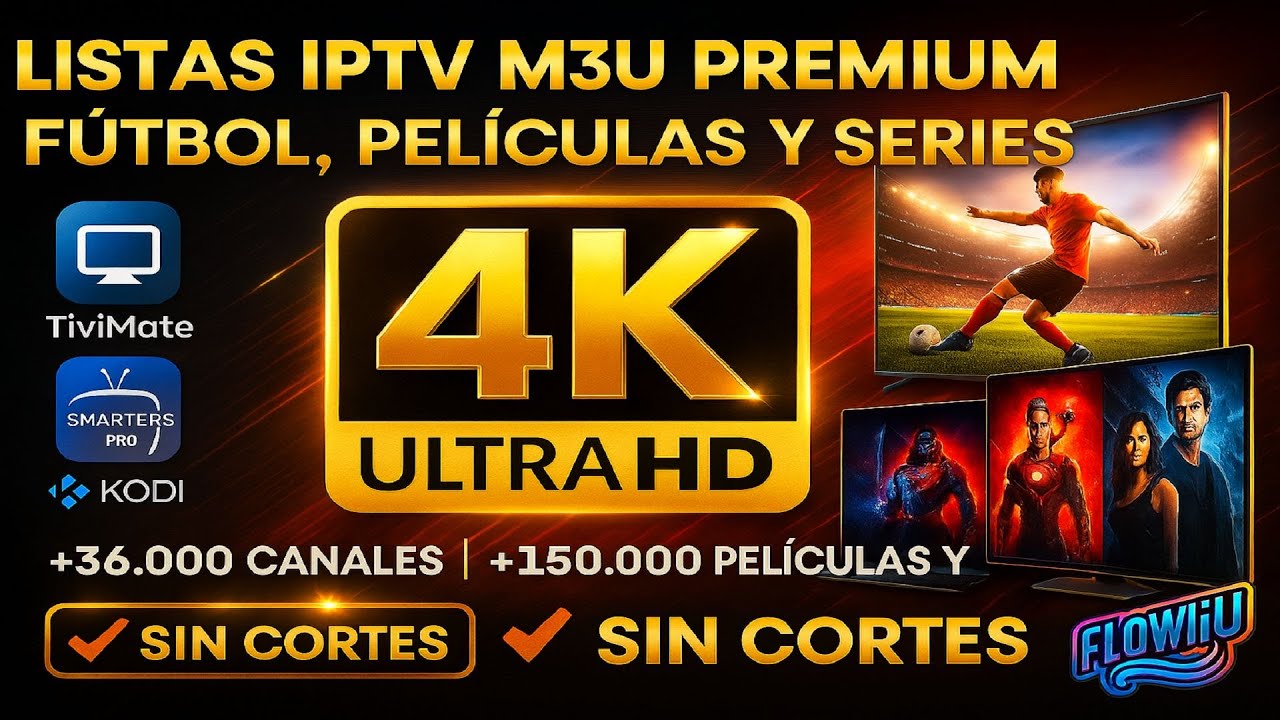 Listas IPTV M3U Premium 4K  F&uacute;tbol, Pel&iacute;culas y Series Sin Cortes