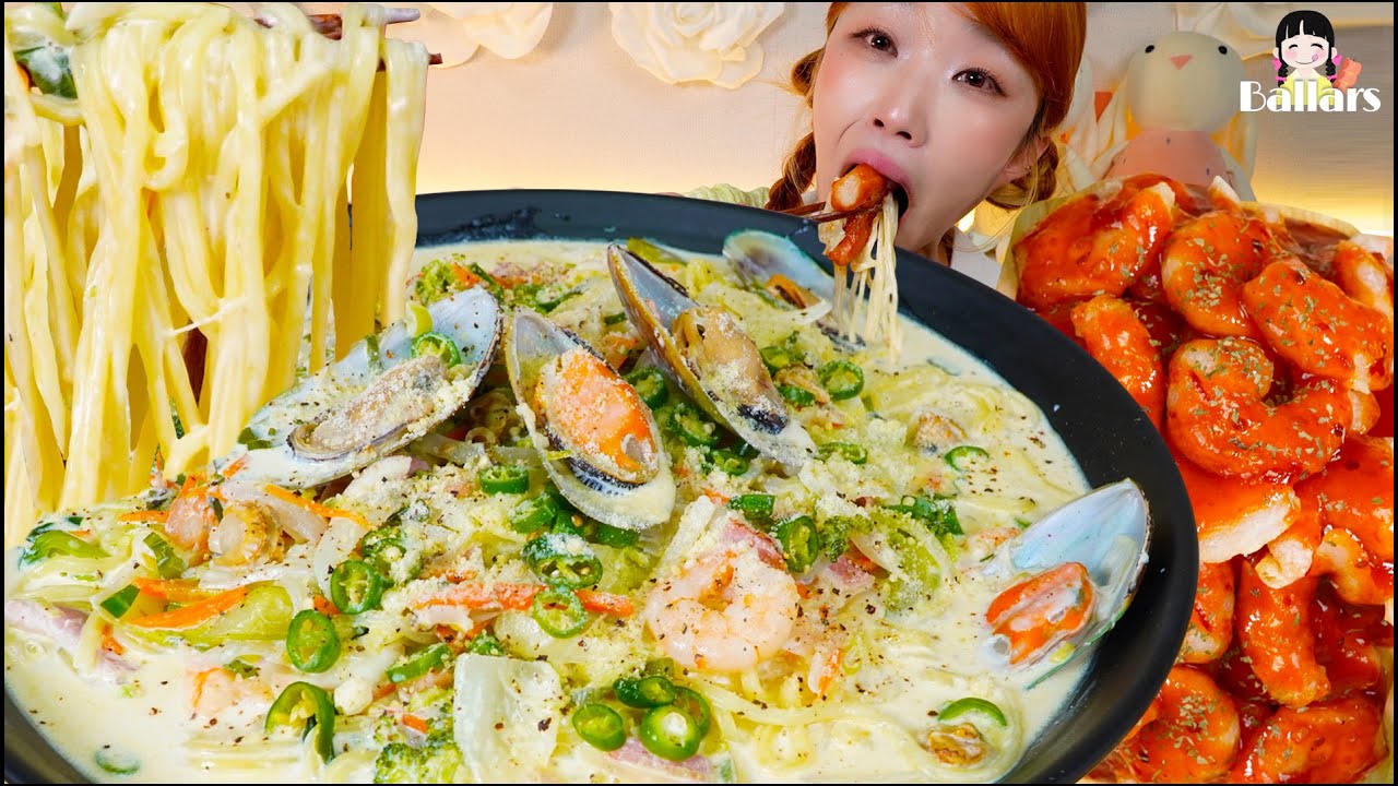 Mukbang:) Seafood Cream Jjamppong & Chili Shrimp Mukbang ☆ Big Bites :: ASMR :: Eatingshow ☆