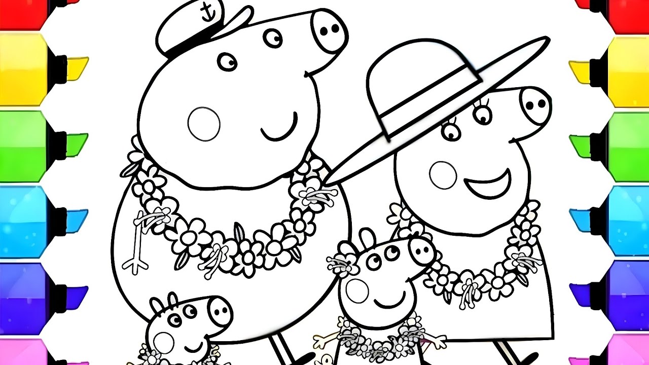 Peppa Pig family wearing garland of flowers Drawing Easy, Peppa Pig Drawing and Coloring, Peppa Pig