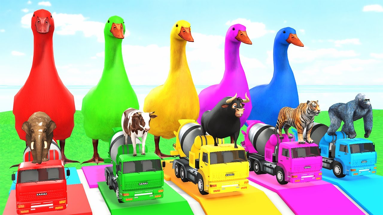 5 Giant Duck,Gorilla,Cow,Mammoth,Elephant,Dinosaur,Paint Wild Animals Crossing Fountain Animation