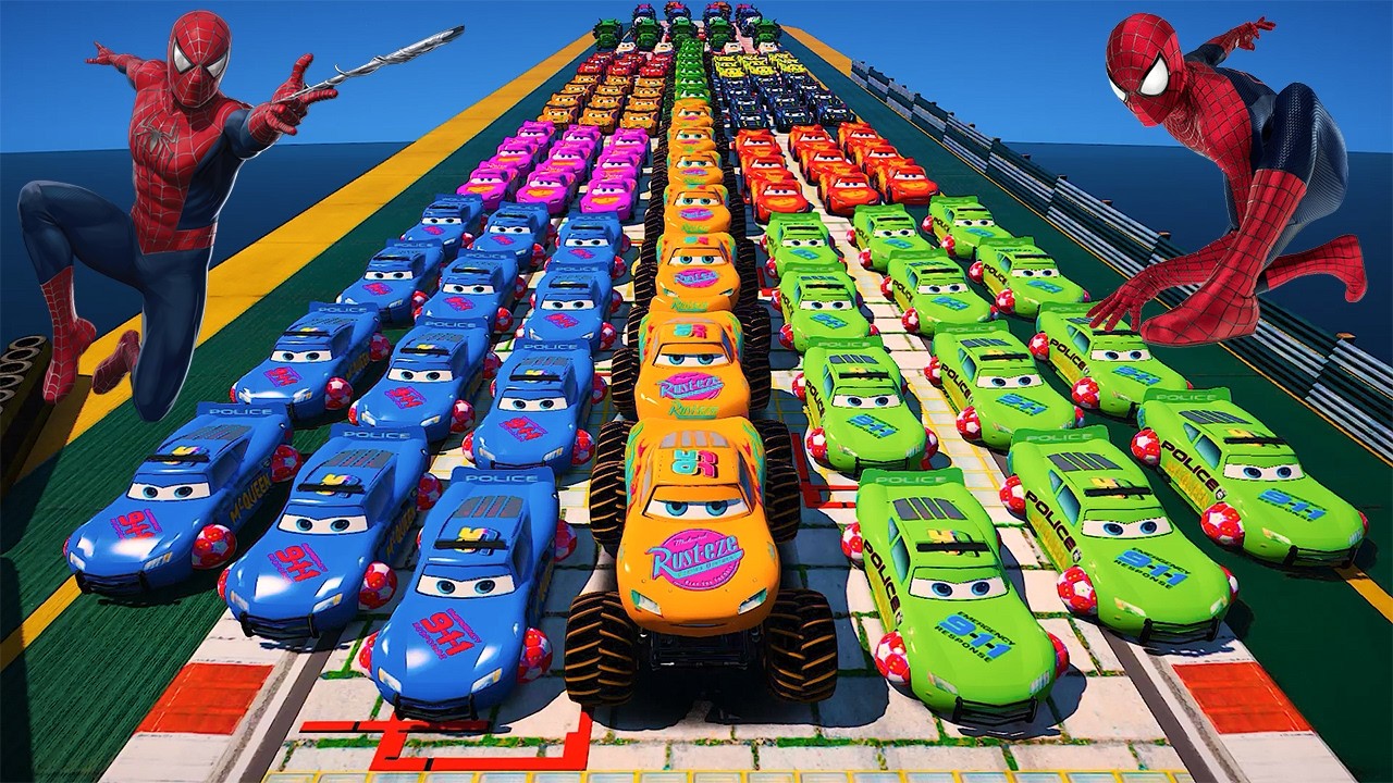 GTA 5 SPIDERMAN Cars Challenge Lightning & Monster McQueen Jackson Storm Miss Fritter & Friends Cars