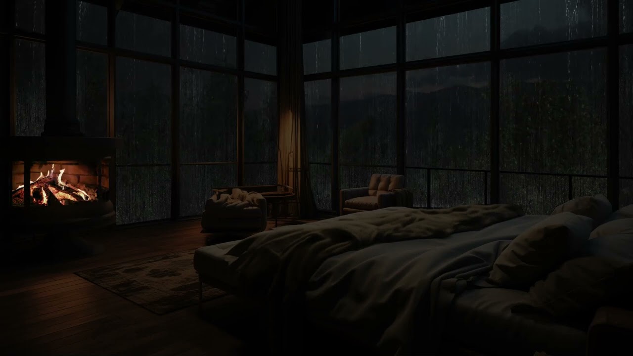 Ambiente aconchegante de cabana com lareira e sons naturais da chuva para dormir