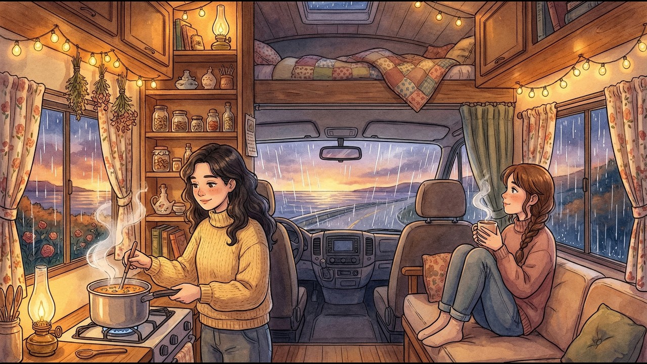 Cozy Rainy Evening in a Mobile Home by the Beach | Slow Living ASMR 🌧 | Ghibli-Style Night & Morning