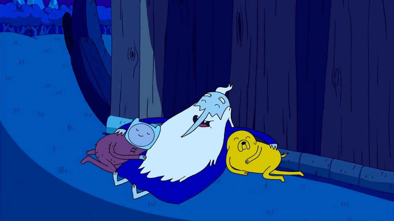 Owl and rain noses, but Ice King Adventure Time episodes are on in the background (Black screen)