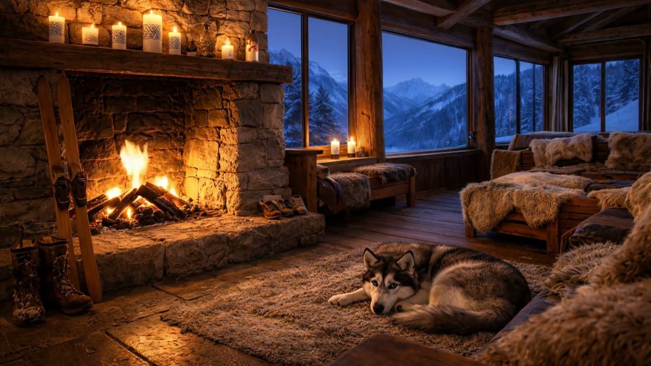 ❄️🔥 Nordic Music | Ski Lodge Great Room | 🐺 Husky by the Fireplace (1 Hour)