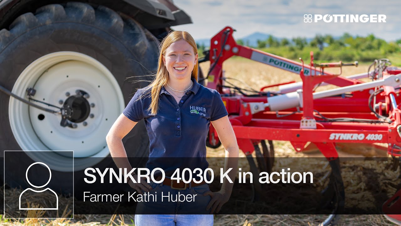 Farmer Kathi Huber working with the SYNKRO 4030 K mounted stubble cultivator | PÖTTINGER