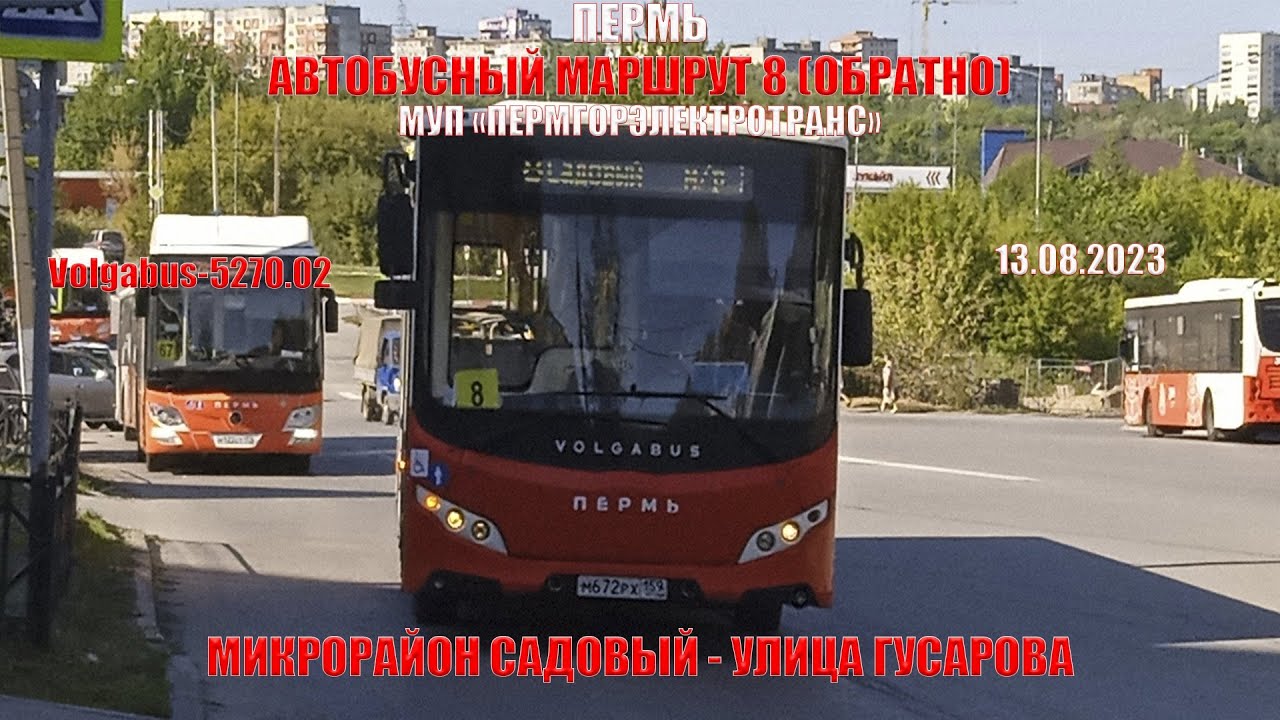 Пермь | Автобусный маршрут 8 обратно | Volgabus-5270.02 | М/р Садовый - Ул. Гусарова | 13.08.2023
