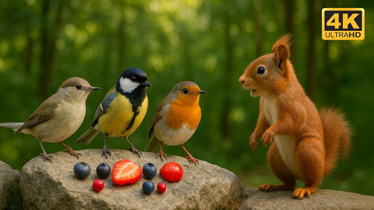 Cat TV for Cats to Watch -  Forest Feast with Birds and Squirrel | 4K HDR