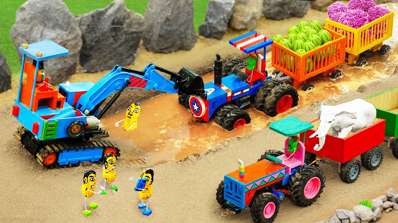 Diy tractor making mini Excavator rescue Tractor stuck in mud | tractor transporting fruit | HP Mini