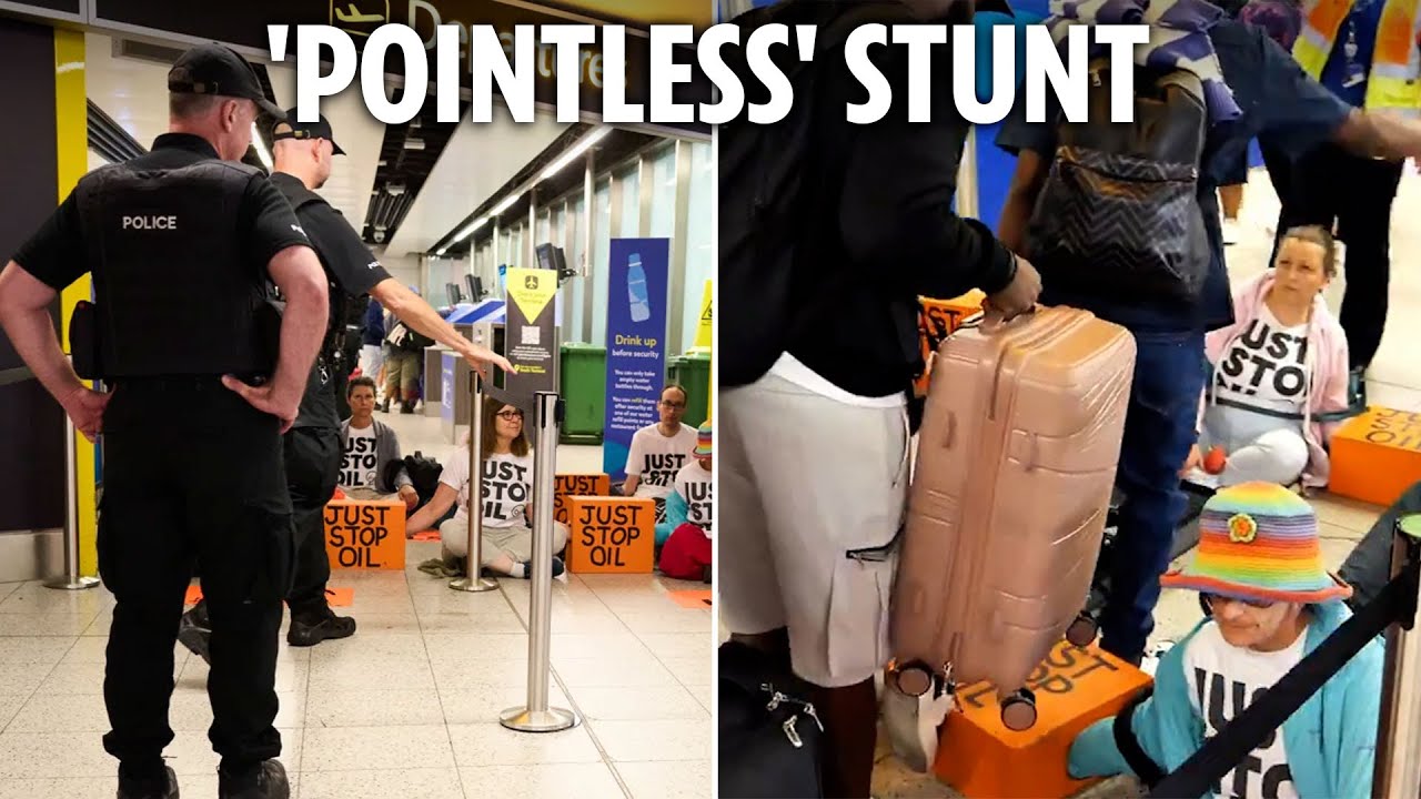 Dramatic moment Just Stop Oil idiots block gates at Gatwick - only for passengers to walk over them