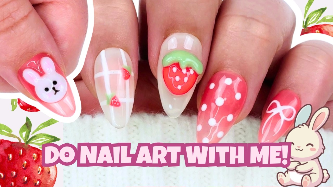 Cute DIY Spring Nail Art | 3D Bunny and Strawberries | Nails and Chat
