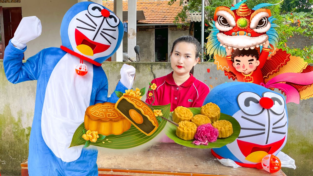 Changcady lần đầu gặp con mèo Doraemon, làm bánh trung thu, bánh rán cho Doraemon ăn