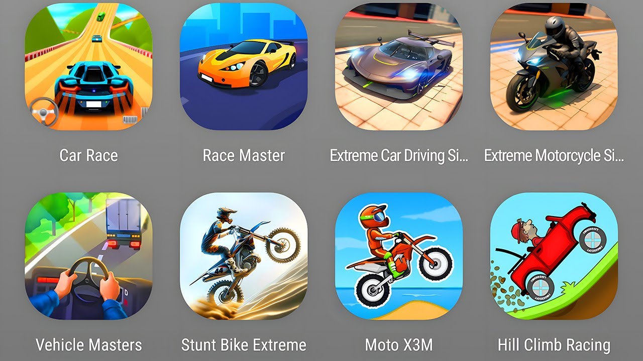 Car Games:Car Race,Race Master,Extreme Car Driving,Extreme Motorcycle Sim,Vehicle Masters,Stunt Bike
