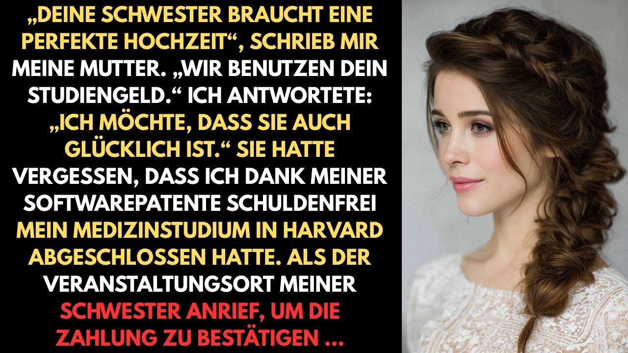 „Deine Schwester braucht eine perfekte Hochzeit“, schrieb Mama. „Wir verwenden dein Studiengeld
