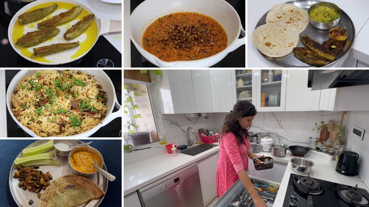 Breakfast To Dinner Full Day Routine / Cooking & Night Time Kitchen Cleaning / चना पुलाव भरवा करेला/