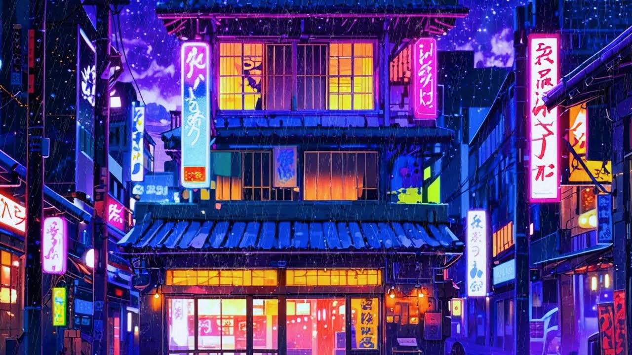 90s Rainy Night in a Neon Japanese Street | Lofi Beats to Chill & Focus