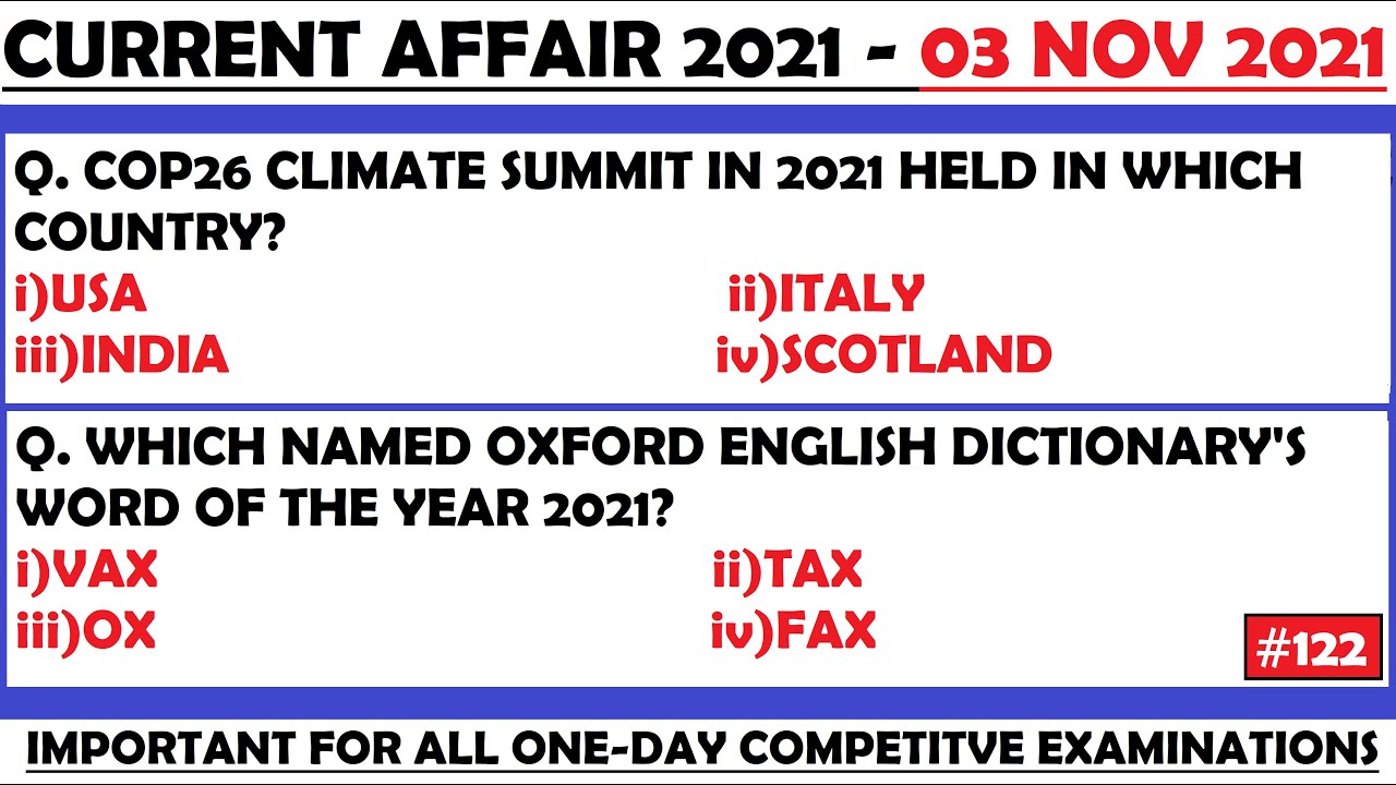 03 Nov 2021 Current Affairs Questions | India & World Current Affairs | Current Affairs 2021 Nov |