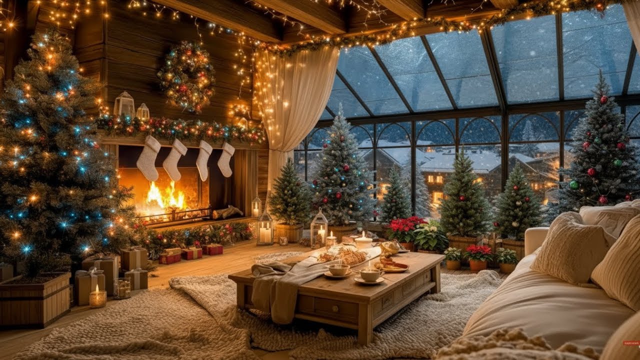 Peaceful Winter Coffee Shop by the Lake ❄️☕ Fireplace & Snow Ambience