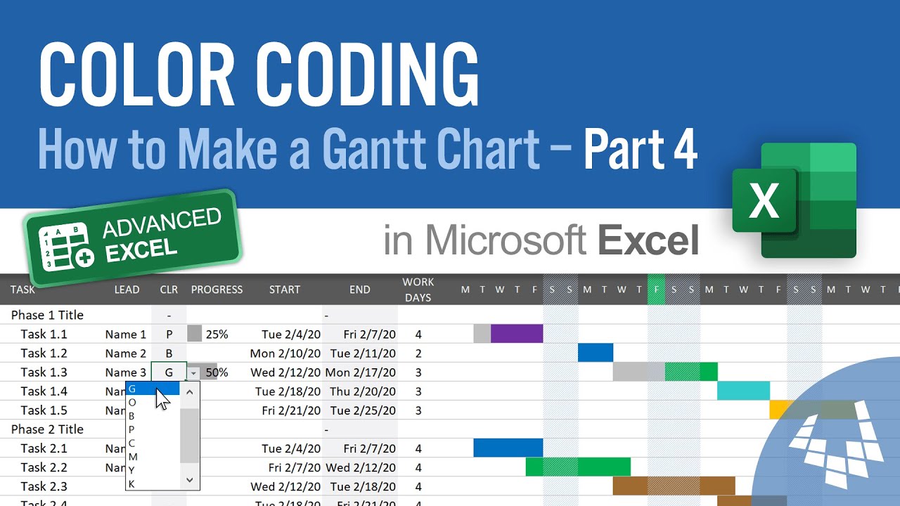 Make a Gantt Chart in Excel - Part 4: Color Coding