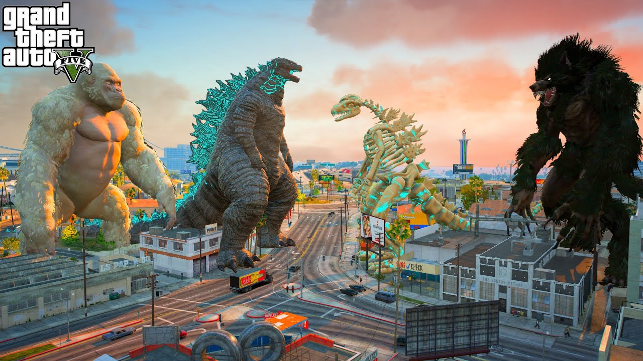 Skeleton Godzilla and WereWolf vs Legendary Godzilla and George Rampage  - GTA 5 Mods