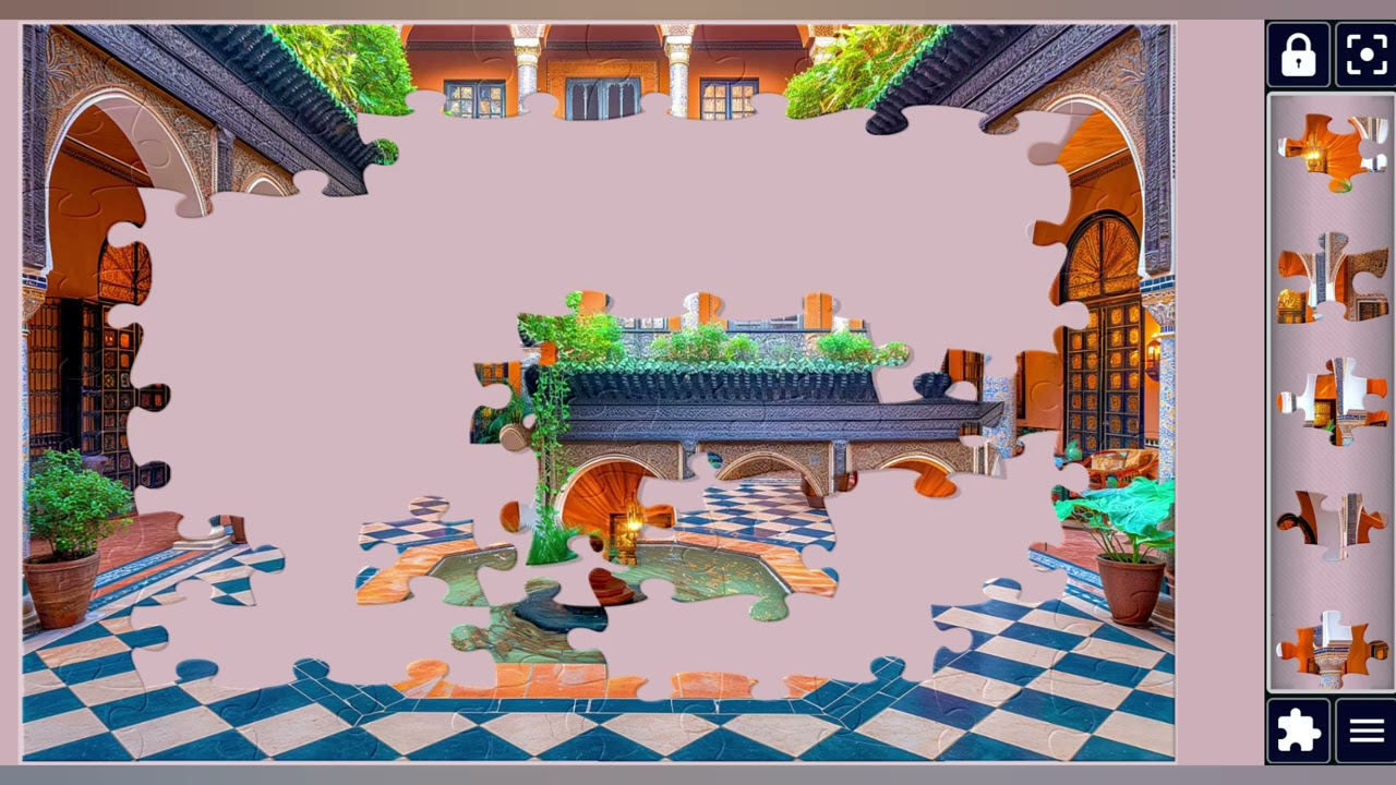 Moroccan-Style Courtyard with Central Fountain & Checkerboard Tile Floor🏡🎋//jigsaw puzzles craft🧩//