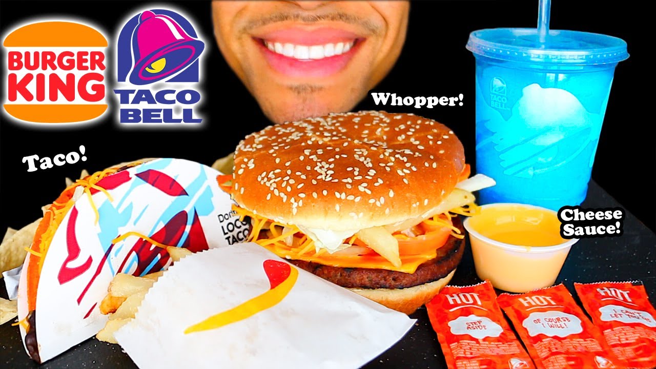IMPOSSIBLE WHOPPER DORITOS LOCOS TACO CHEESEBURGER FRIES CHEESE SAUCE FREEZE DRINK EATING SHOW