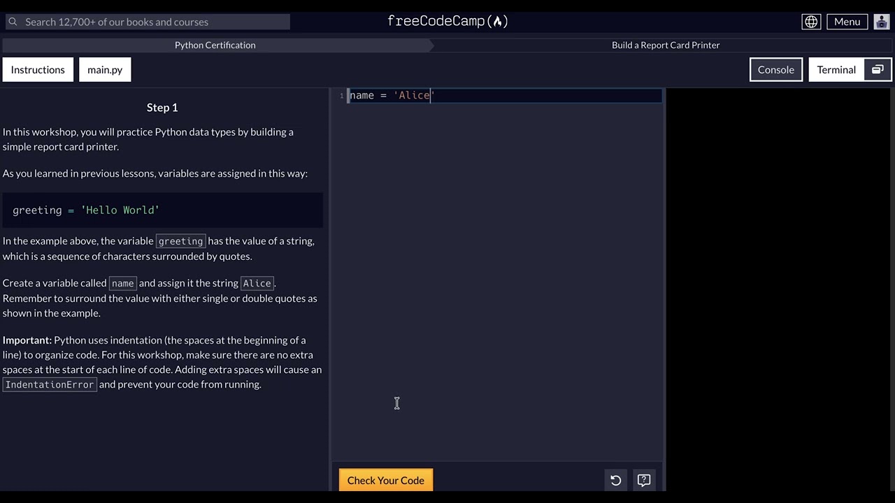 FreeCodeCamp - Python Project  - Step 1 of 10 - Build a Report Card Printer