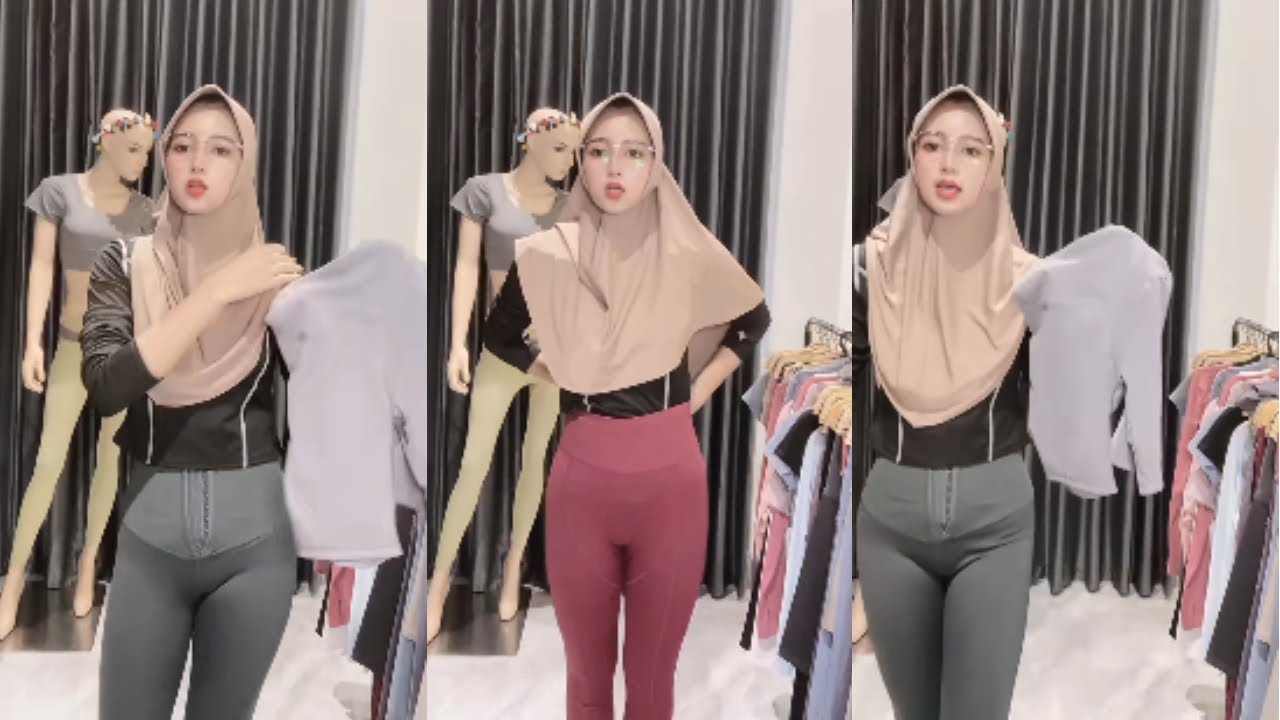 Try On Legging Olshop Celana Olahraga kekinian Warna Merah dan Abu-abu VHD410593