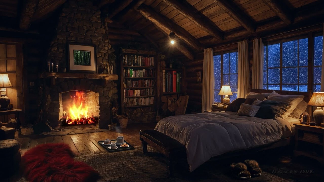 Acogedor sonido de chimenea con nevada exterior para relajarse