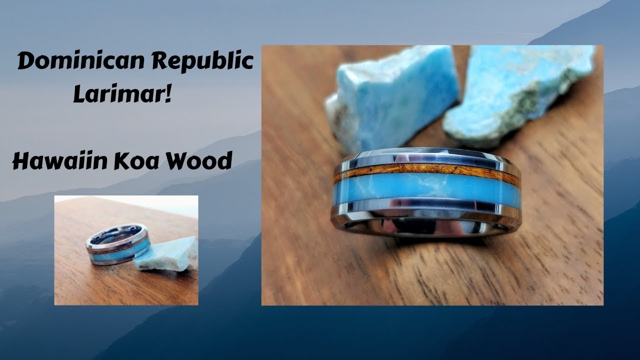 Beautiful Larimar Ring - Koa wood, tungsten ring - How it's made