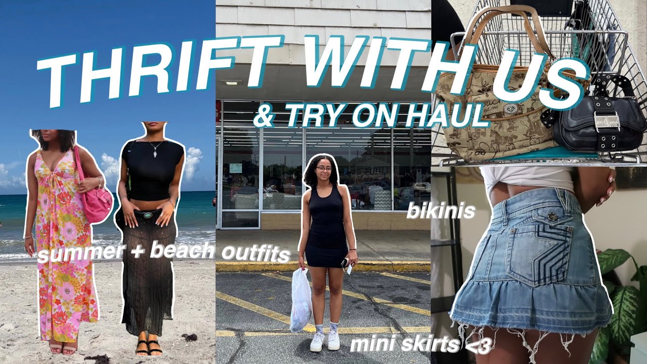 THRIFT WITH ME FOR THE BEACH + TRY ON HAUL | summer thrifting vlog& haul: bikinis, mini skirts &more