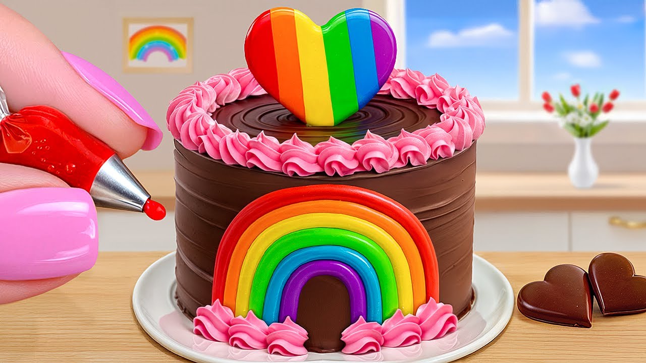 Delicious Heart Cake with Rainbow Chocolate 🌈🍫 | Satisfying Mini Cake Decorating Stream