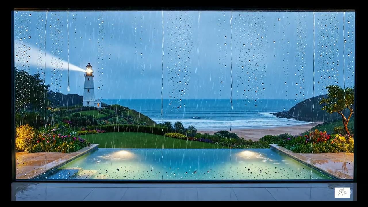 1 Hour Ocean Waves & Lighthouse Ambience , rain and thunder sounds for sleeping #rainambience